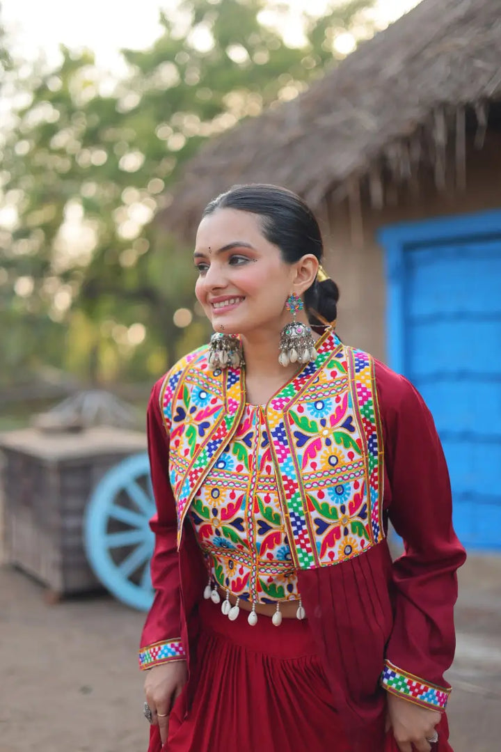 Glorious Red Plain Frill Lehenga With Traditional Gamthi Thread Work Koti And Blouse