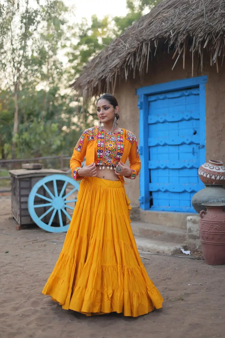 Rayon Yellow Fancy Round Neck Sleeveless Frill Lehenga With Traditional Koti