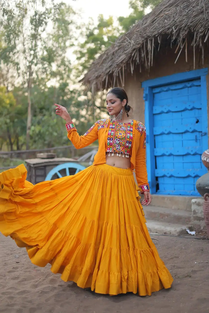 Rayon Yellow Fancy Round Neck Sleeveless Frill Lehenga With Traditional Koti