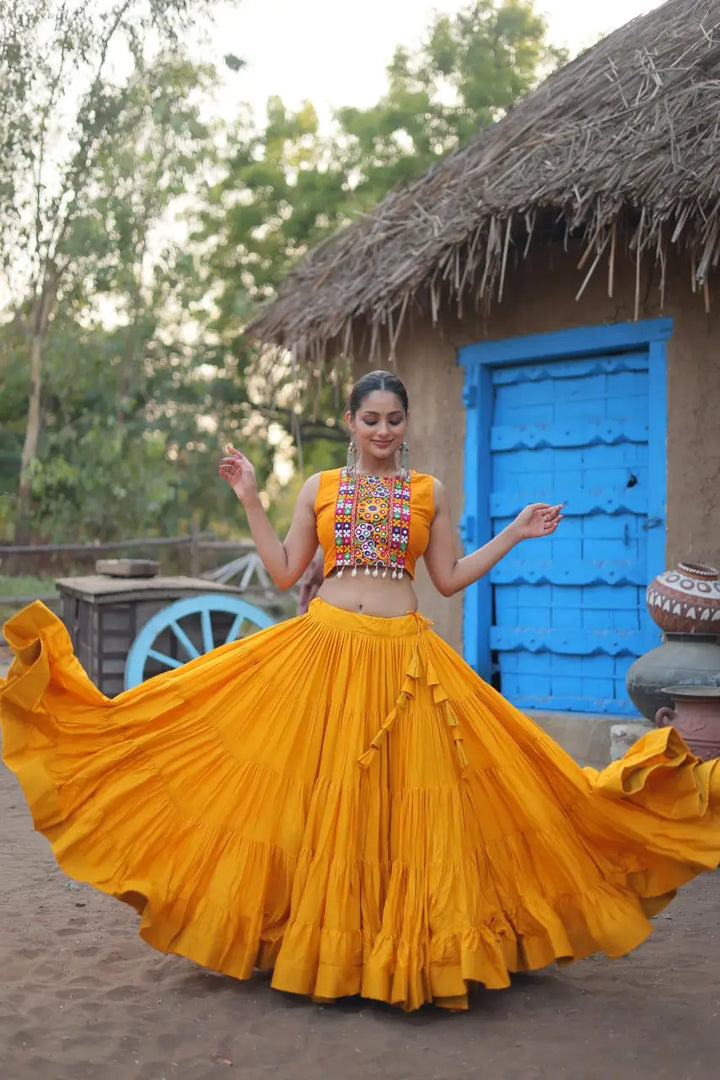 Rayon Yellow Fancy Round Neck Sleeveless Frill Lehenga With Traditional Koti