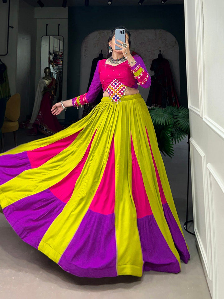 Multi Color Pure Rayon Navratri Lehenga Ready To Wear Set With Patch Work  - Inspired