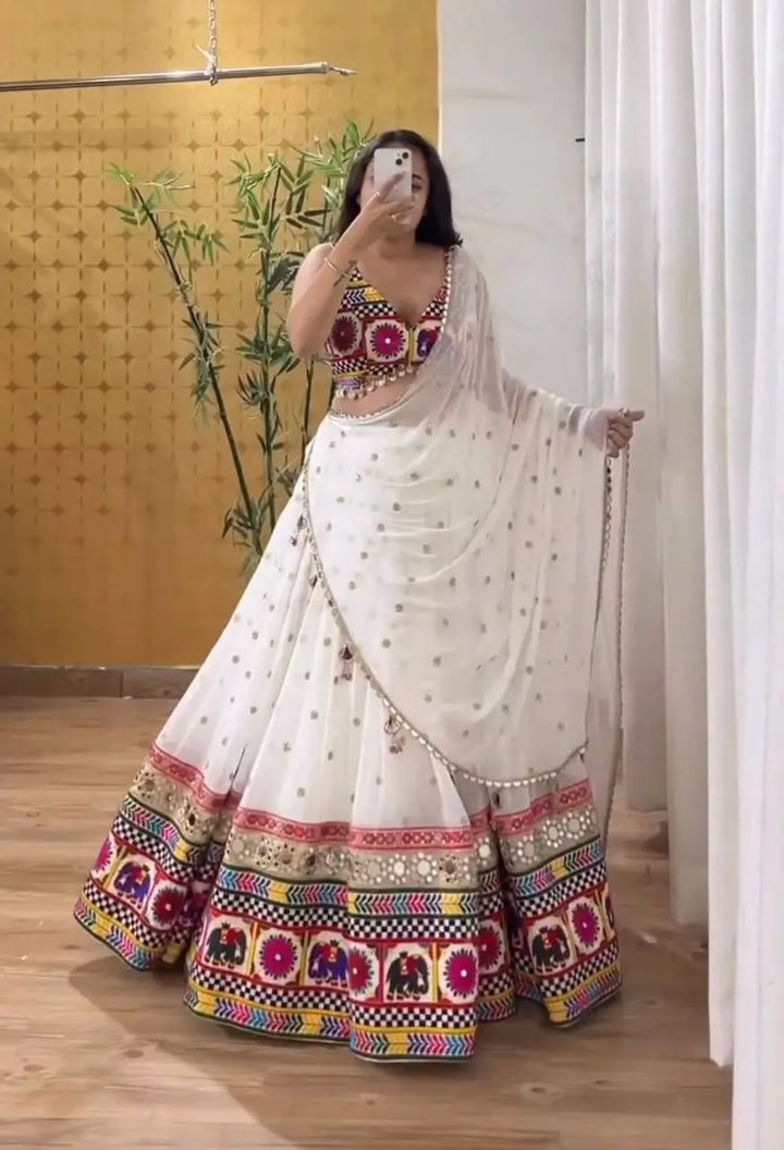 Foxy White Garba Wear Traditional Elephant Sequence With Mirror Work Lehenga Choli