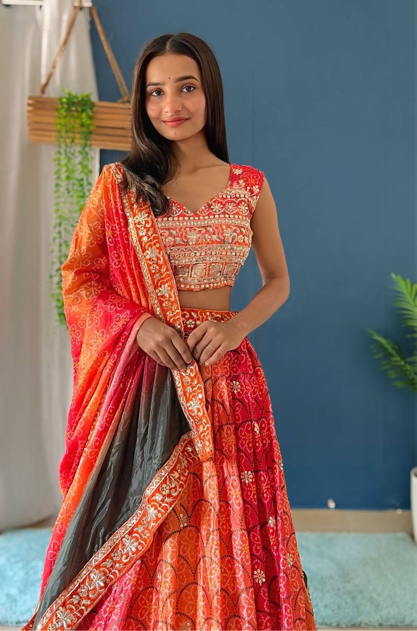 ORANGE CHINON SILK WITH DIGITAL PRINT AND EMBROIDERY SEQUENCE DESIGN WORK - INSPIRED | Ready To Wear - qivii