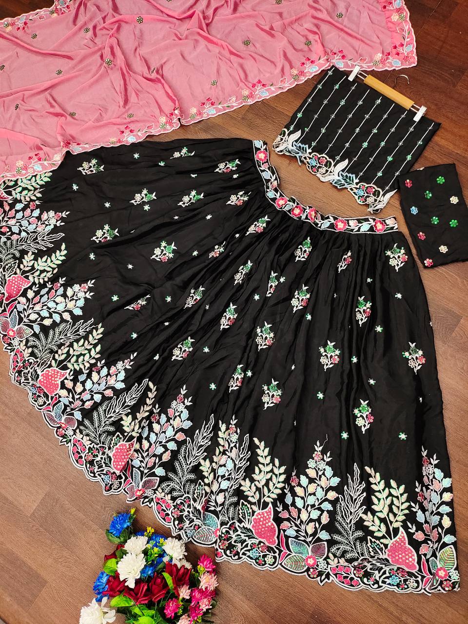 BLACK CHINON SILK WITH EMBROIDERY RAINBOW SEQUENCE AND THREAD DESIGN WORK LEHENGA - INSPIRED | Ready To Wear - qivii