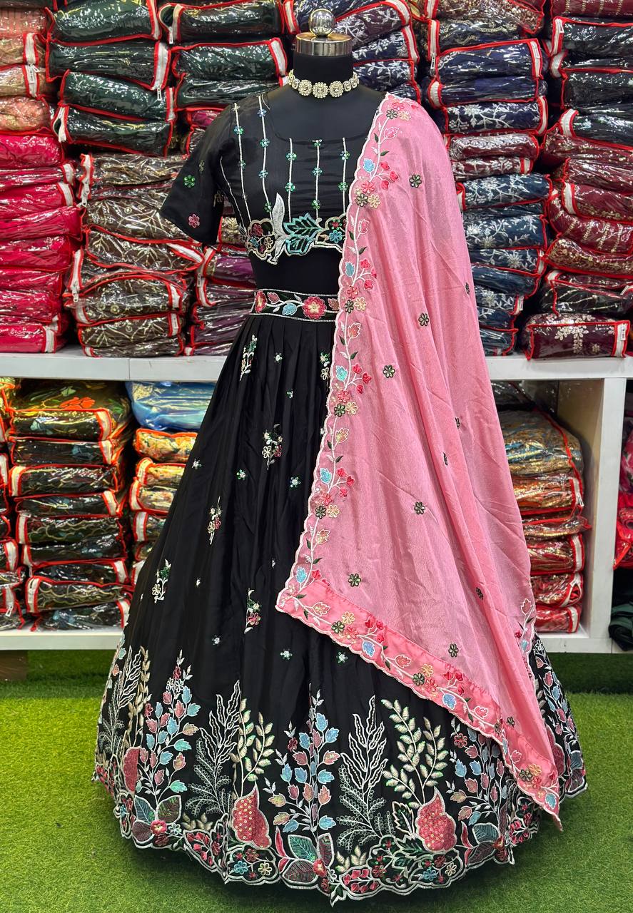 BLACK CHINON SILK WITH EMBROIDERY RAINBOW SEQUENCE AND THREAD DESIGN WORK LEHENGA - INSPIRED | Ready To Wear - qivii