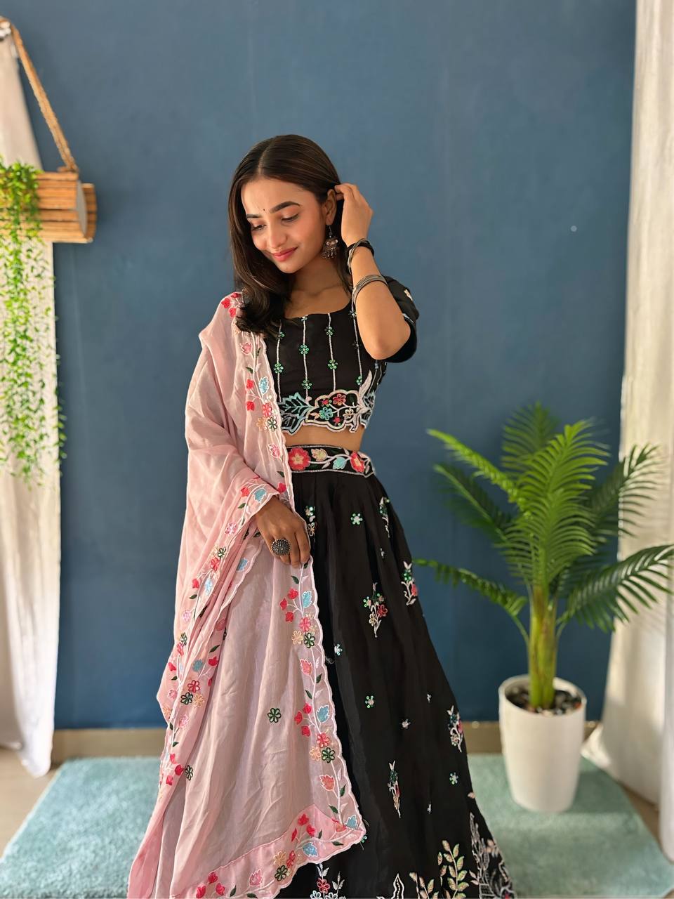 BLACK CHINON SILK WITH EMBROIDERY RAINBOW SEQUENCE AND THREAD DESIGN WORK LEHENGA - INSPIRED | Ready To Wear - qivii