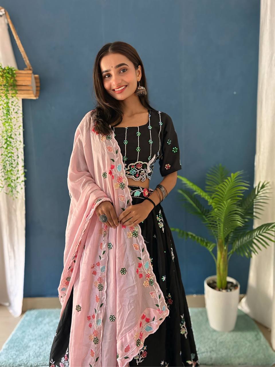 BLACK CHINON SILK WITH EMBROIDERY RAINBOW SEQUENCE AND THREAD DESIGN WORK LEHENGA - INSPIRED | Ready To Wear - qivii