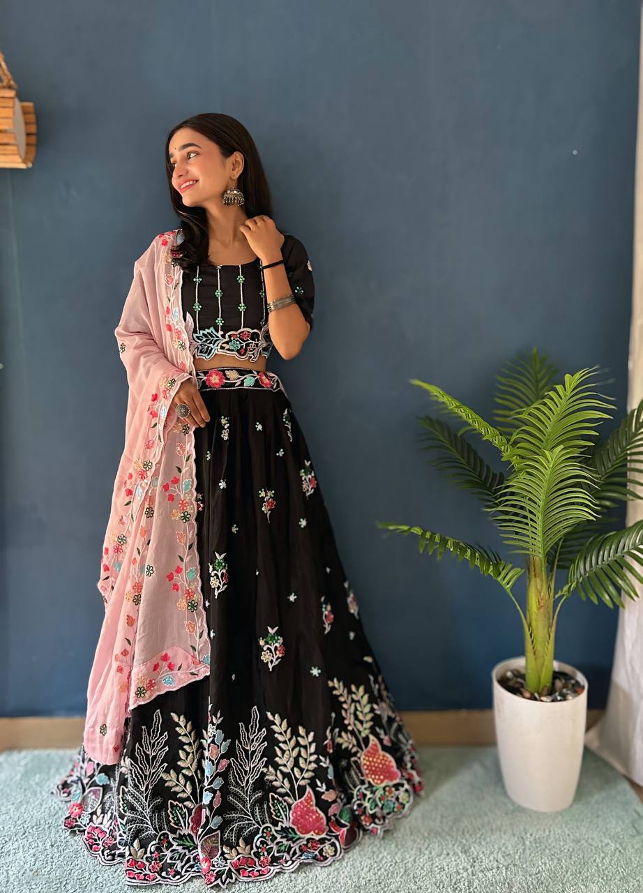 BLACK CHINON SILK WITH EMBROIDERY RAINBOW SEQUENCE AND THREAD DESIGN WORK LEHENGA - INSPIRED | Ready To Wear - qivii