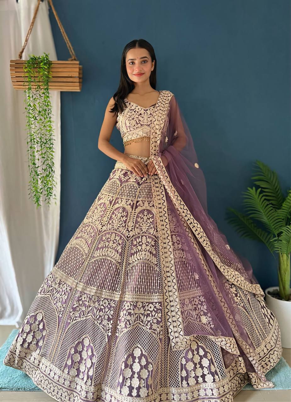 PURPLE HEAVY NET WITH EMBROIDERY SEQUENCE THREAD DESIGN WORK LEHENGA - INSPIRED | Ready To Wear - qivii