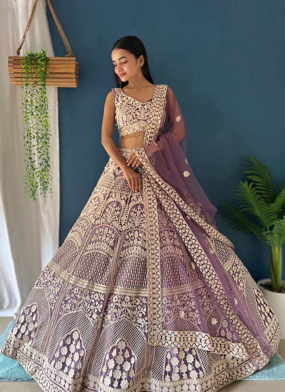 PURPLE HEAVY NET WITH EMBROIDERY SEQUENCE THREAD DESIGN WORK LEHENGA - INSPIRED | Ready To Wear - qivii