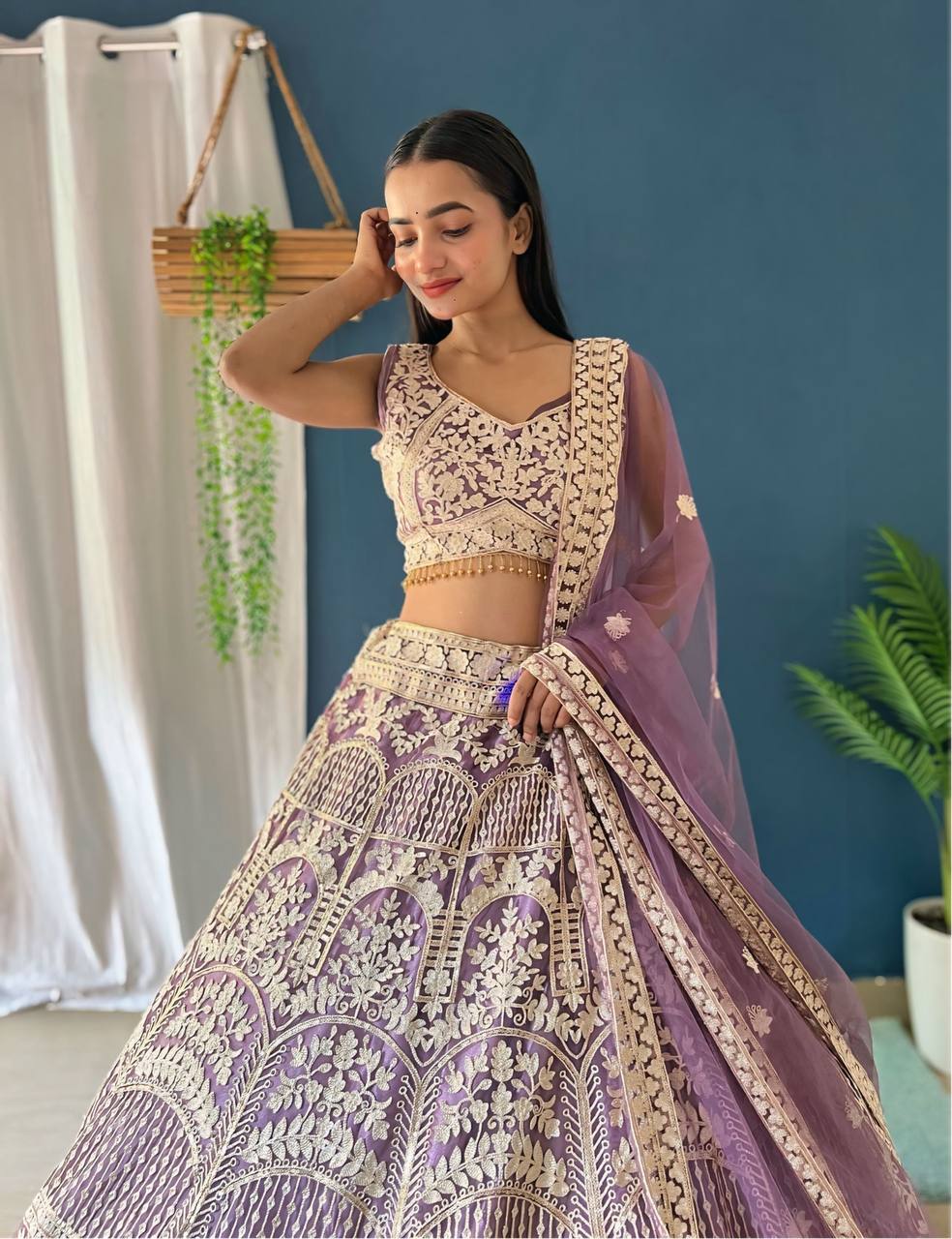 PURPLE HEAVY NET WITH EMBROIDERY SEQUENCE THREAD DESIGN WORK LEHENGA - INSPIRED | Ready To Wear - qivii