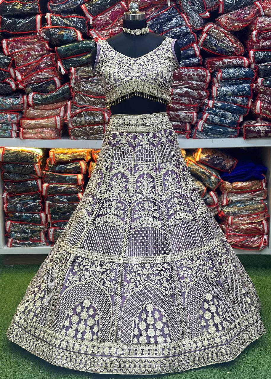 PURPLE HEAVY NET WITH EMBROIDERY SEQUENCE THREAD DESIGN WORK LEHENGA - INSPIRED | Ready To Wear - qivii