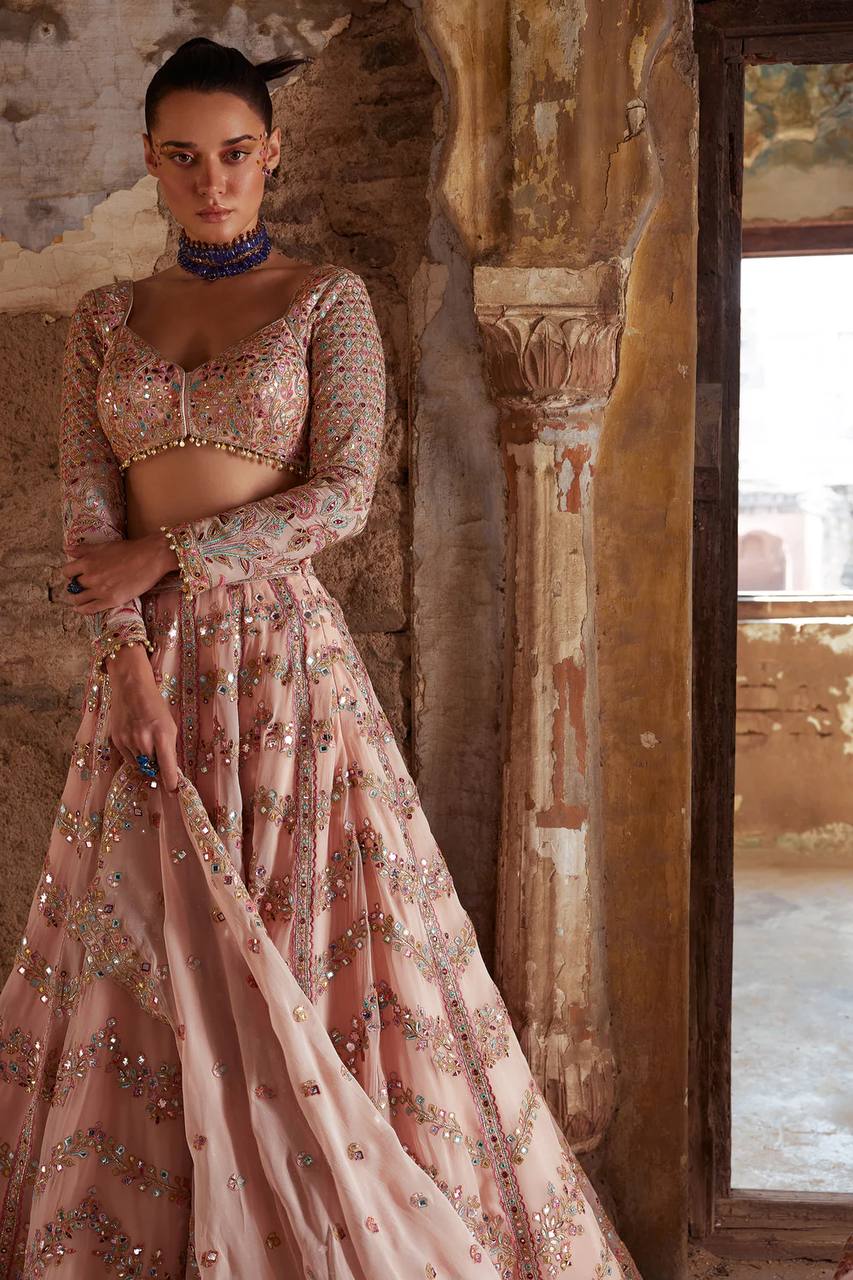 Peach Faux georgette lehenga with paper mirror - INSPIRED | Ready To Wear - qivii