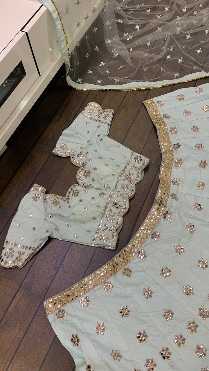 Mulberry silk lehnga with paper mirror work & zari work | Ready To Wear - qivii