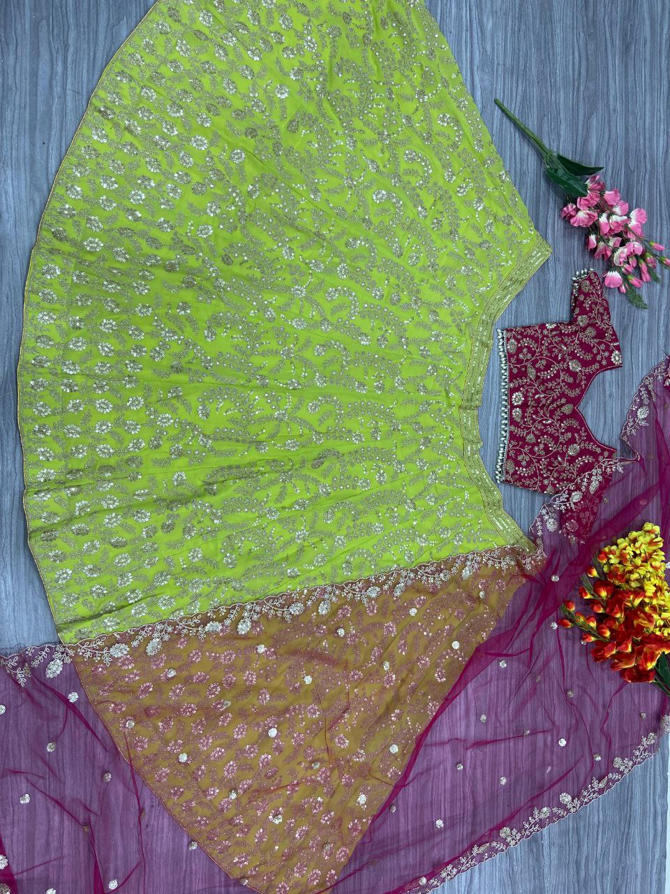 Green Premium Georgette Embellished With Beautiful Shimmer Dori  Work , Heavy Sequins Work With Heavy Cancan Lehenga - INSPIRED | Ready To Wear - qivii