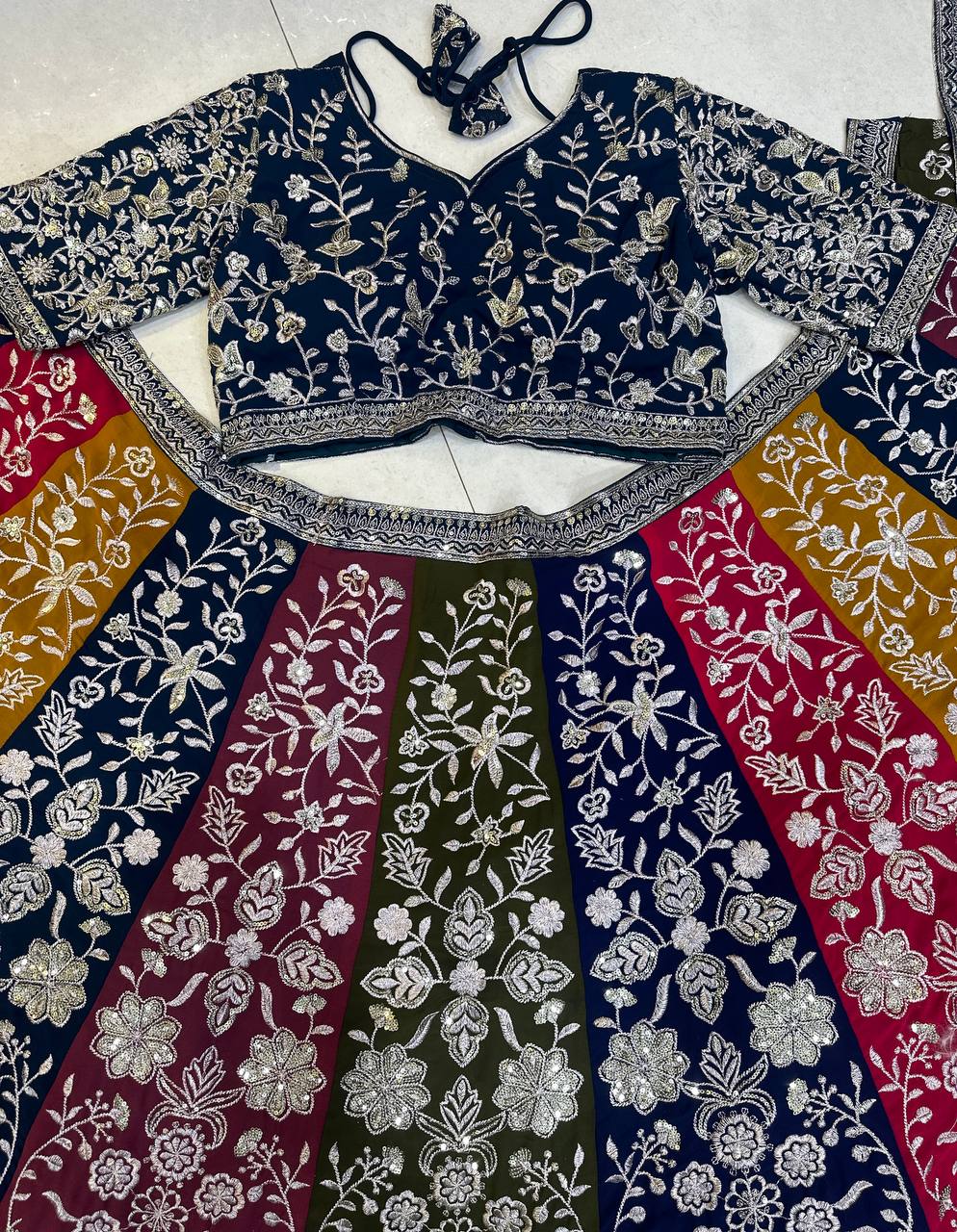 MULTI COLOR FAUX GEORGEET EMBROIDERY SEQUENCE DESIGN WORK LEHENGA - INSPIRED | Ready To Wear - qivii