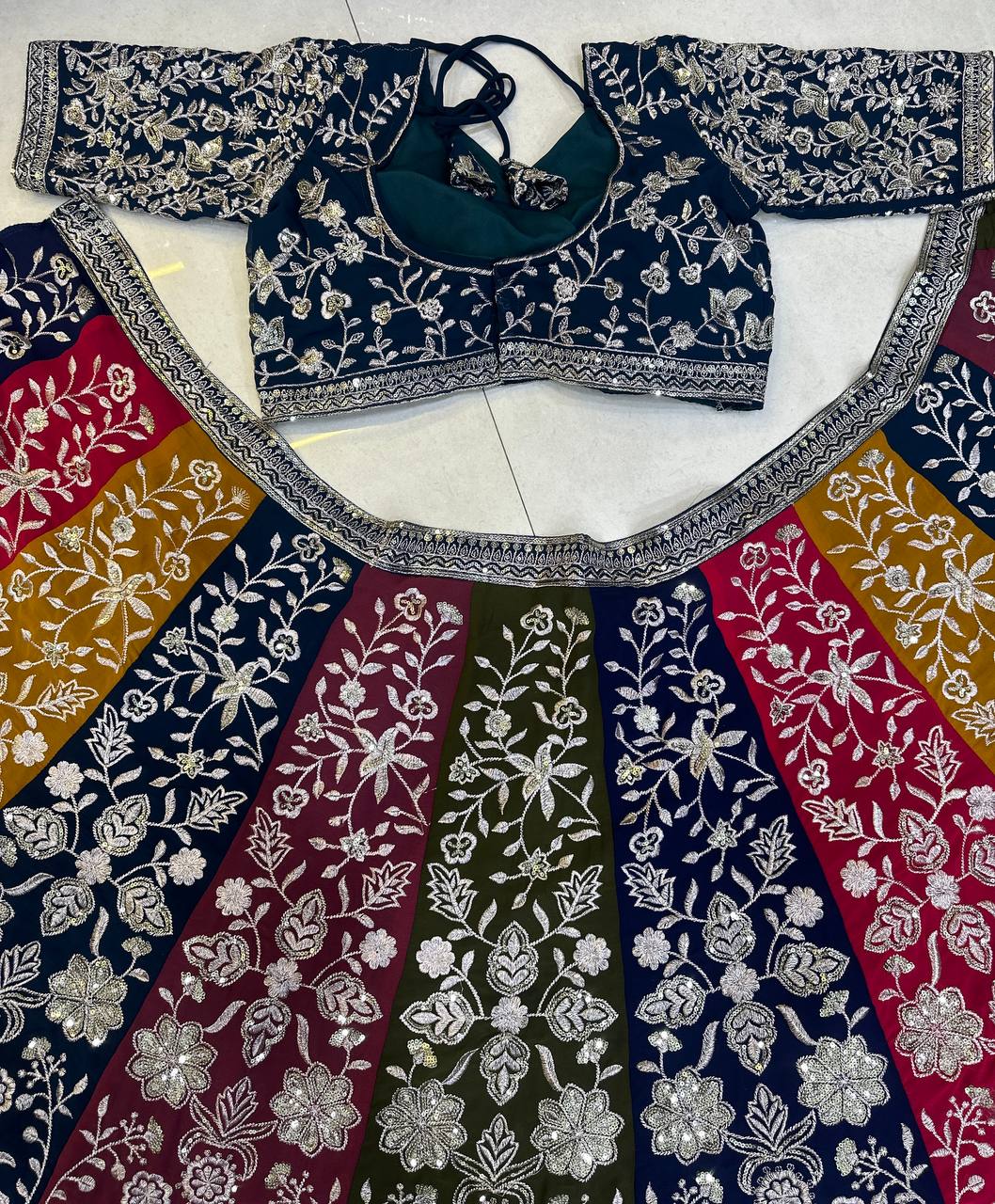 MULTI COLOR FAUX GEORGEET EMBROIDERY SEQUENCE DESIGN WORK LEHENGA - INSPIRED | Ready To Wear - qivii