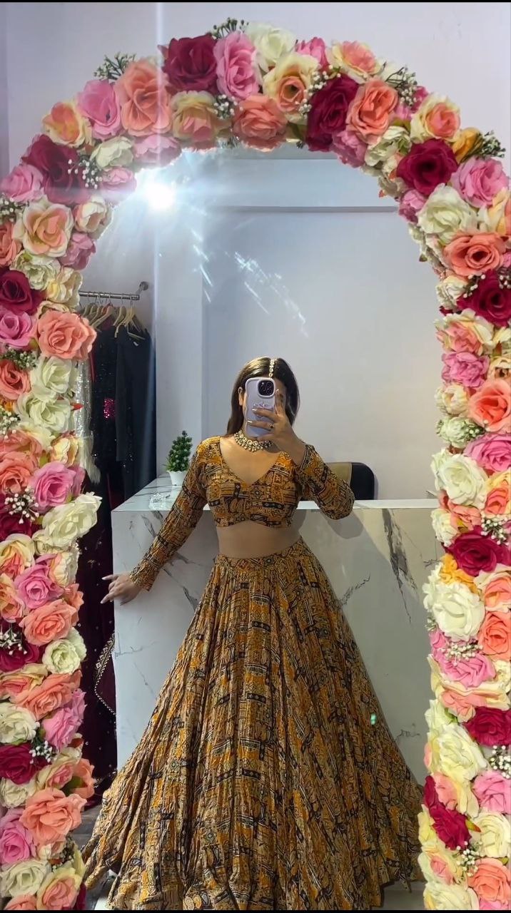 Brown Premium Chinon Silk With Beautiful Floral Print With Heavy Cancan Lehenga - INSPIRED | Ready To Wear - qivii