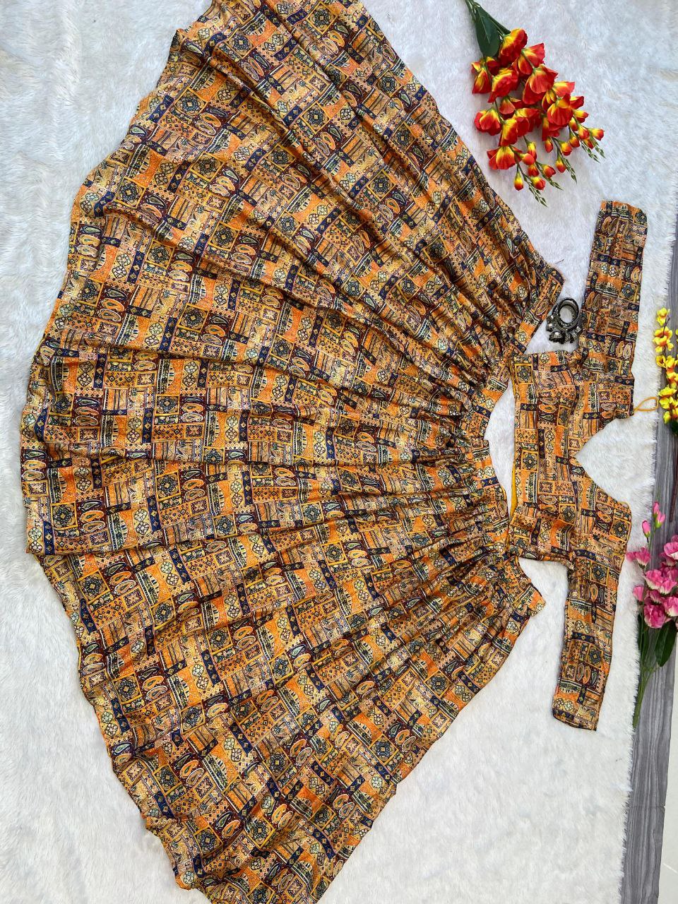 Brown Premium Chinon Silk With Beautiful Floral Print With Heavy Cancan Lehenga - INSPIRED | Ready To Wear - qivii