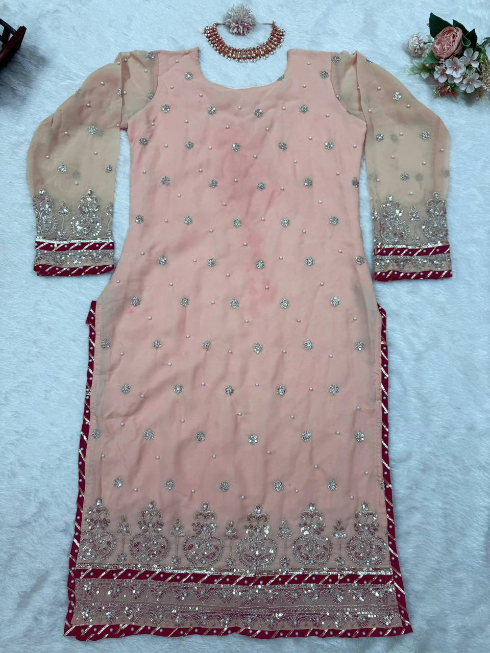 Pink Foux Gorgette Micro Thread  with Sequnce with Rivet moti with fancy lace broder Sharara Suit - INSPIRED | Ready To Wear - qivii