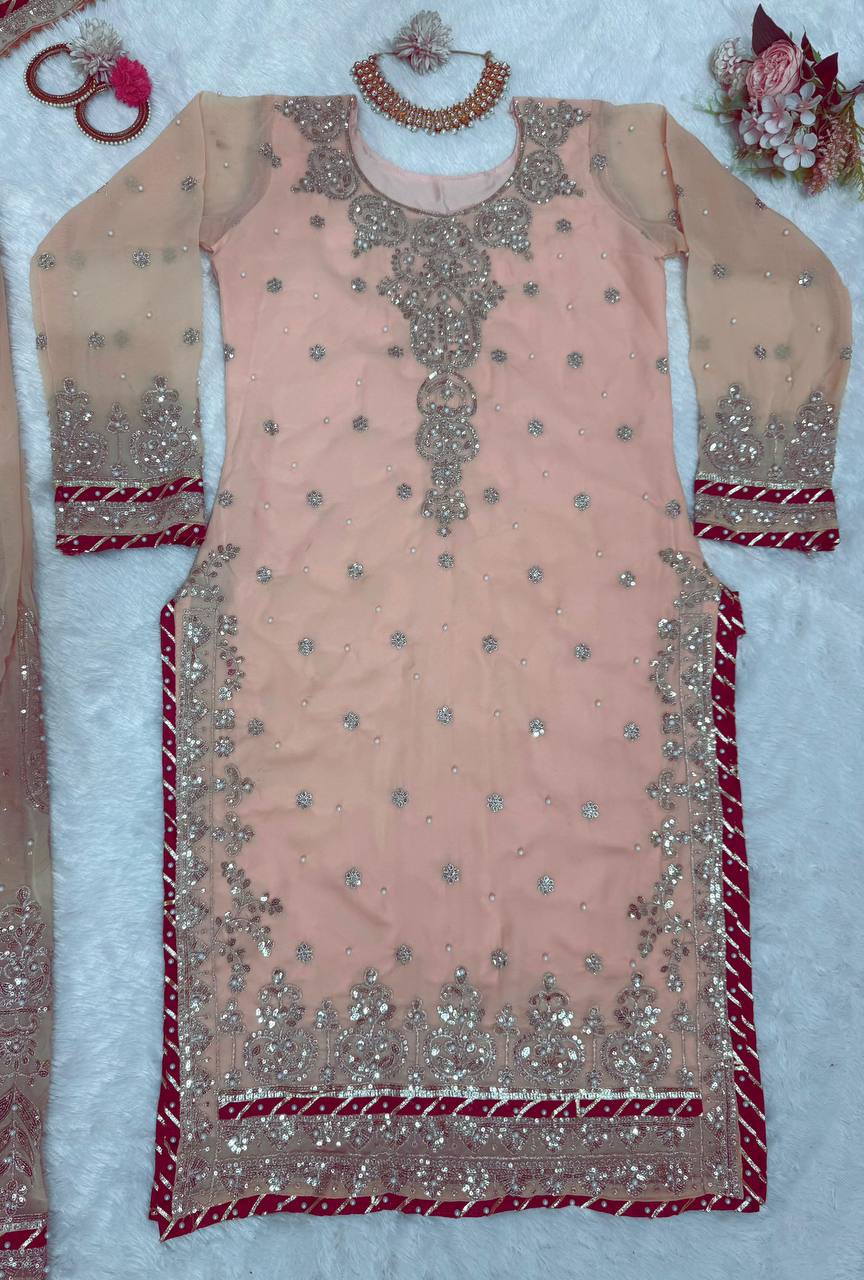 Pink Foux Gorgette Micro Thread  with Sequnce with Rivet moti with fancy lace broder Sharara Suit - INSPIRED | Ready To Wear - qivii