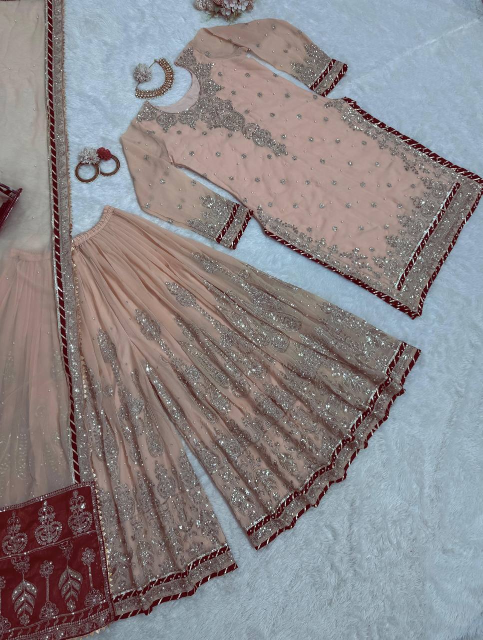 Pink Foux Gorgette Micro Thread  with Sequnce with Rivet moti with fancy lace broder Sharara Suit - INSPIRED | Ready To Wear - qivii