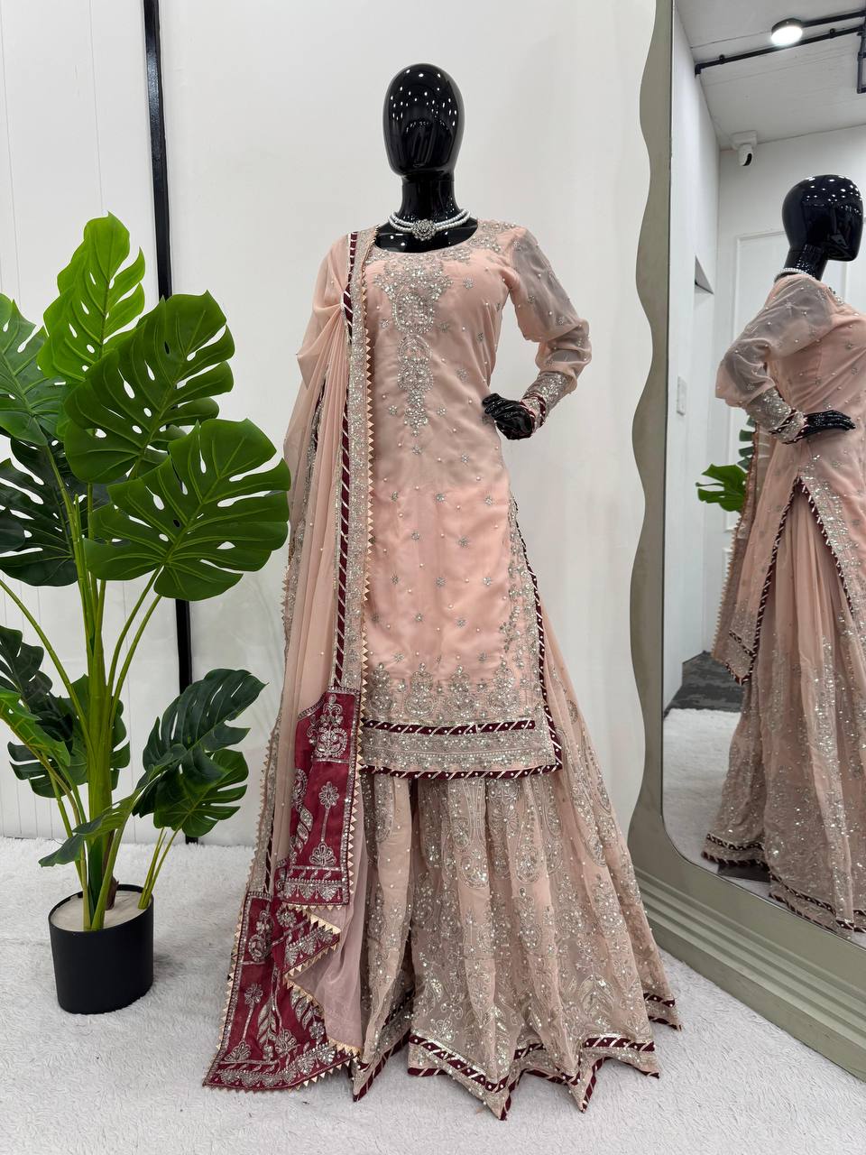 Pink Foux Gorgette Micro Thread  with Sequnce with Rivet moti with fancy lace broder Sharara Suit - INSPIRED | Ready To Wear - qivii