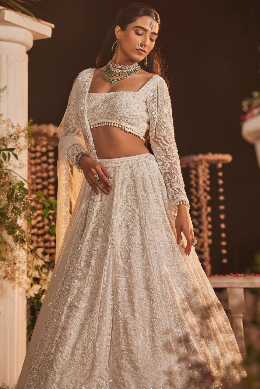White Premium Soft Butterfly Net Embellished With Beautiful Thread Embroidery Work Lehenga - INSPIRED | Ready To Wear - qivii