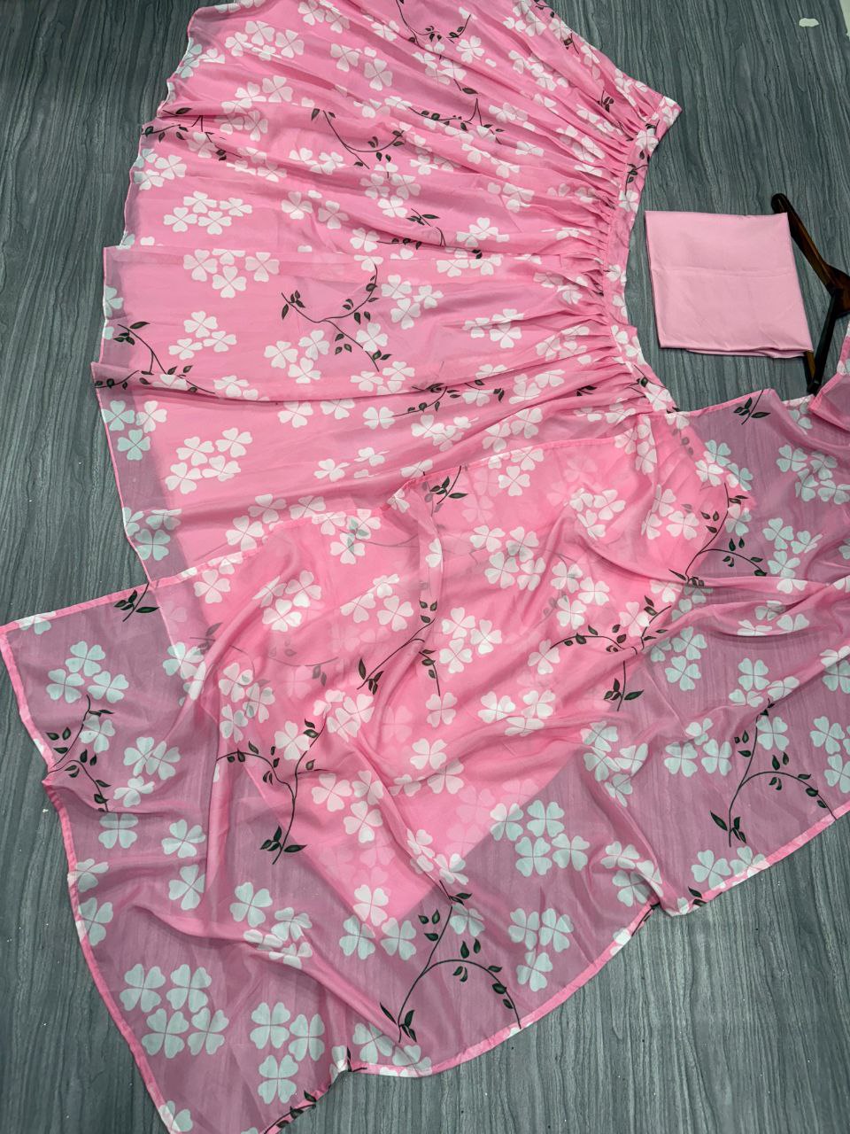 Pink Premium Taby Silk With Beautiful Floral Print With Heavy Cancan Lehenga - INSPIRED | Ready To Wear - qivii