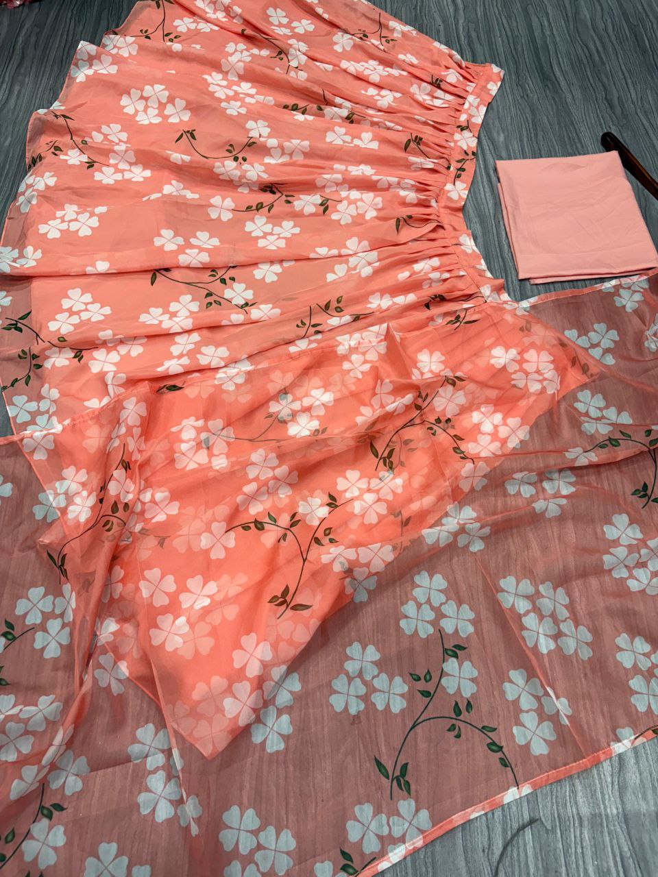 Cream Premium Taby Silk With Beautiful Floral Print With Heavy Cancan Lehenga - INSPIRED | Ready To Wear - qivii