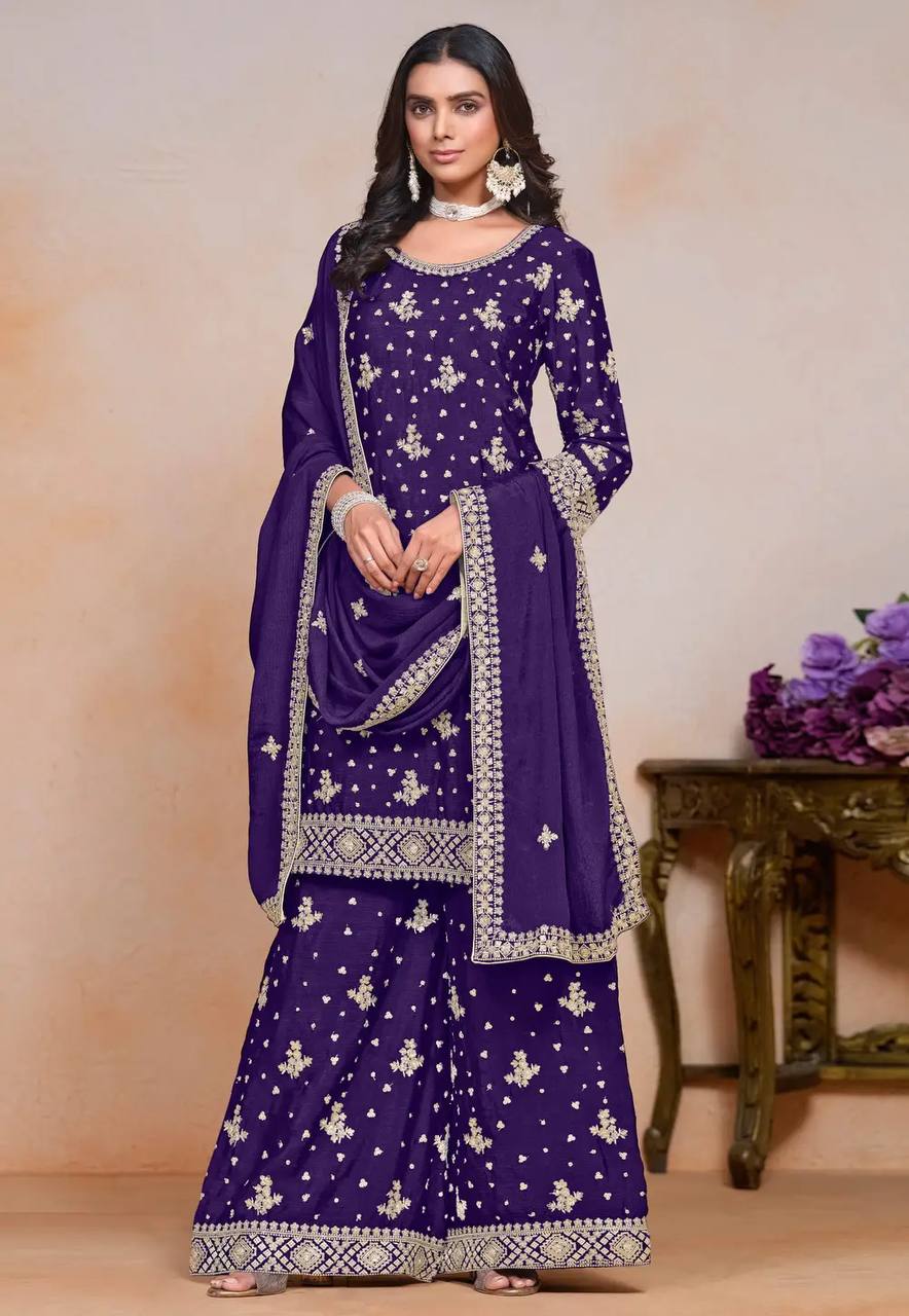 PURPLE CHINON WITH EMBROIDERY SEQUENCE DESIGN WORK PALAZZO SUIT - INSPIRED - qivii