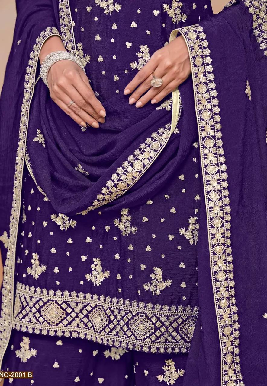 PURPLE CHINON WITH EMBROIDERY SEQUENCE DESIGN WORK PALAZZO SUIT - INSPIRED - qivii