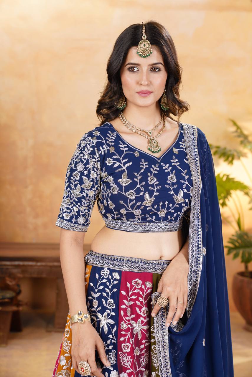 MULTI COLOR FAUX GEORGEET EMBROIDERY SEQUENCE DESIGN WORK LEHENGA - INSPIRED | Ready To Wear - qivii