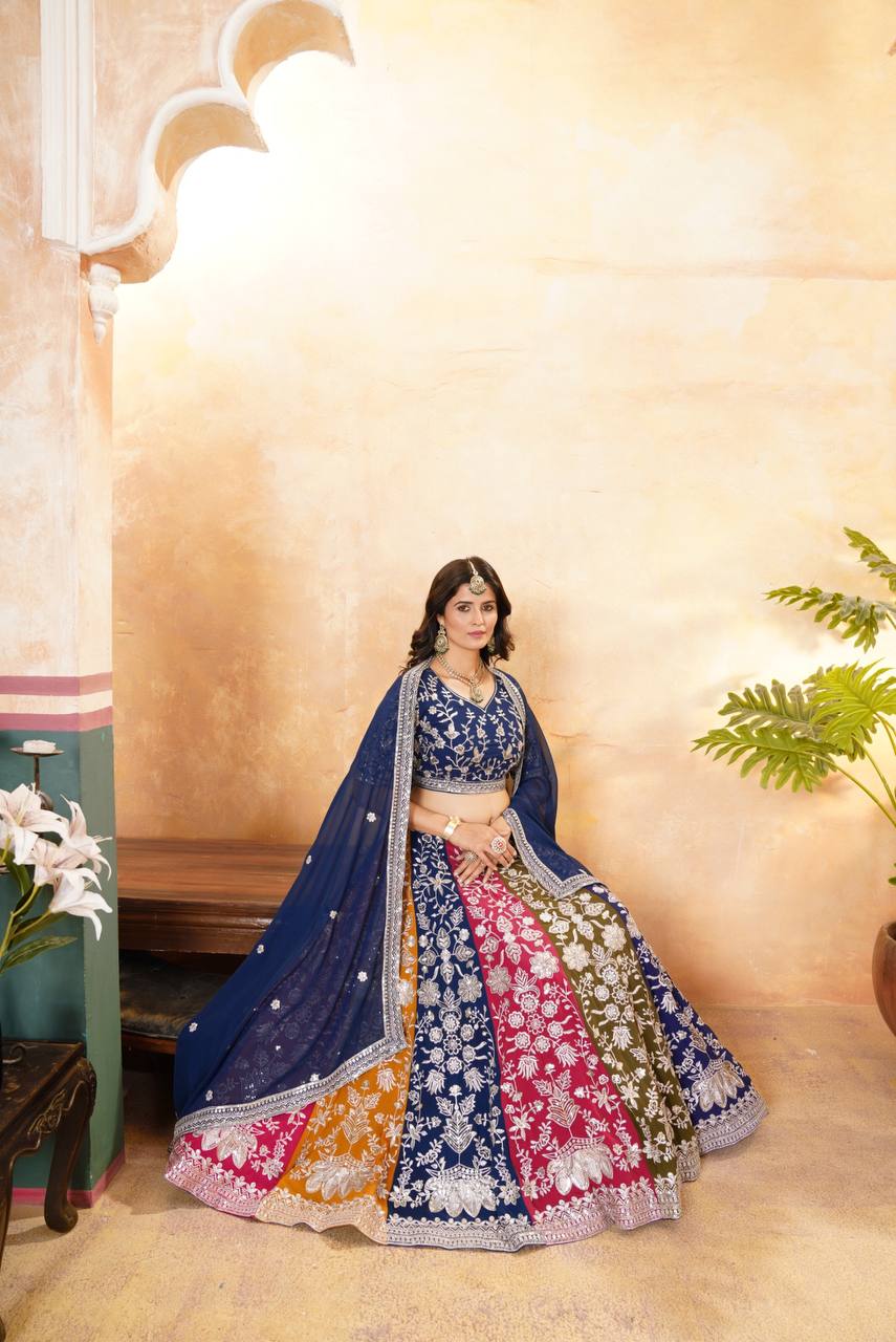 MULTI COLOR FAUX GEORGEET EMBROIDERY SEQUENCE DESIGN WORK LEHENGA - INSPIRED | Ready To Wear - qivii