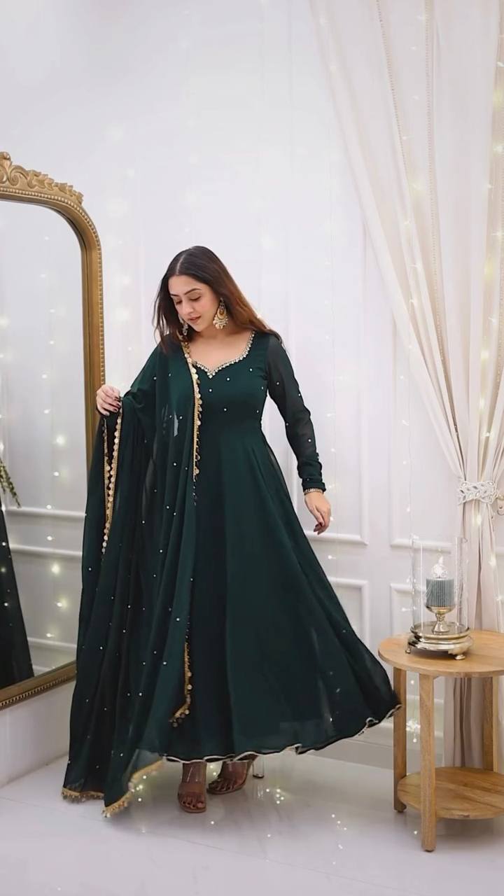 Green Foux Gorgette Micro Handwork with lace broder Anarkali Suit - INSPIRED - qivii