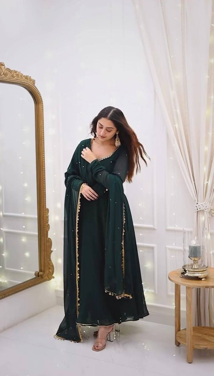Green Foux Gorgette Micro Handwork with lace broder Anarkali Suit - INSPIRED - qivii