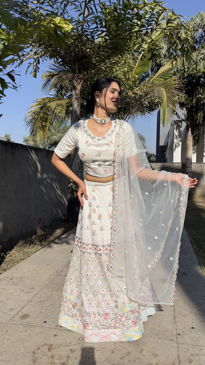 White Premium Georgette Embellished With Heavy Thread Embroidery ,Dori And Heavy  Sequins Work With Heavy Cancan Lehenga- INSPIRED | Ready To Wear - qivii