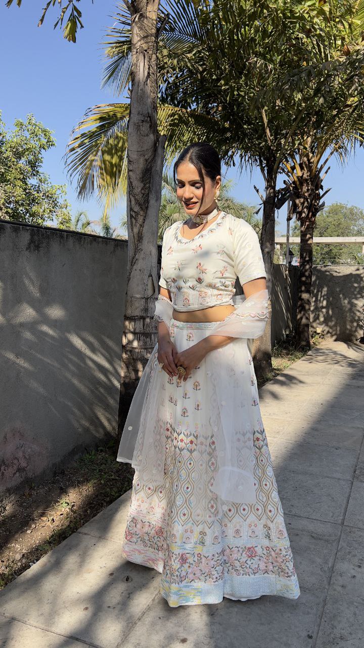 White Premium Georgette Embellished With Heavy Thread Embroidery ,Dori And Heavy  Sequins Work With Heavy Cancan Lehenga- INSPIRED | Ready To Wear - qivii