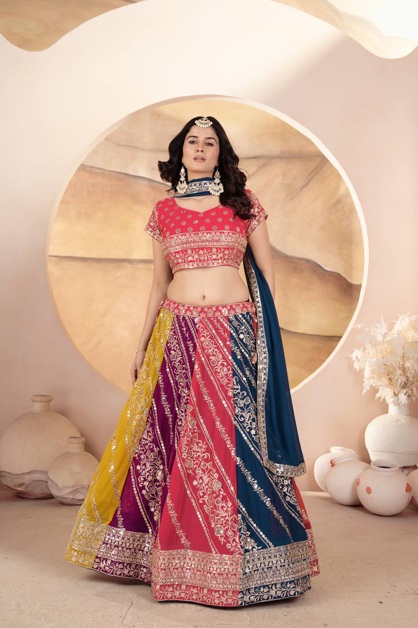 MULTI COLOR FAUX GEORGEET EMBROIDERY SEQUENCE DESIGN WORK LEHENGA - INSPIRED | Ready To Wear - qivii