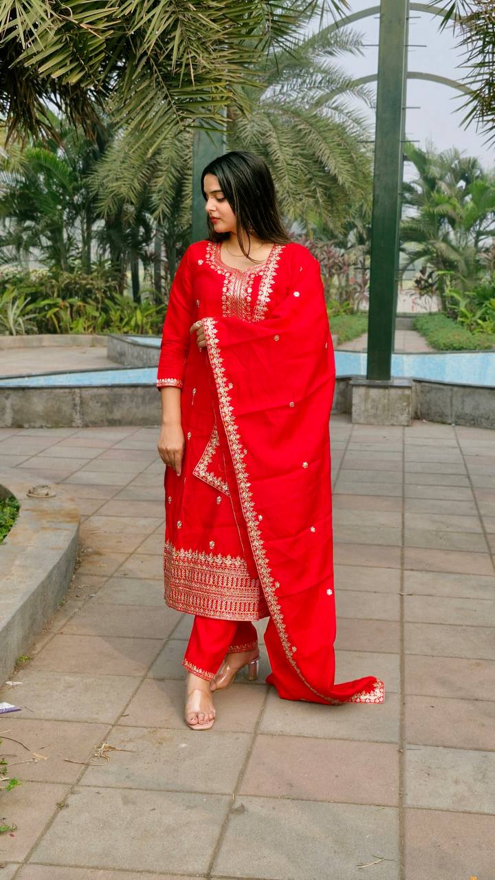 RED ROMAN SILK  WITH EMBROIDERY SEQUENCE DESIGN WORK SALWAR SUIT - INSPIRED - qivii