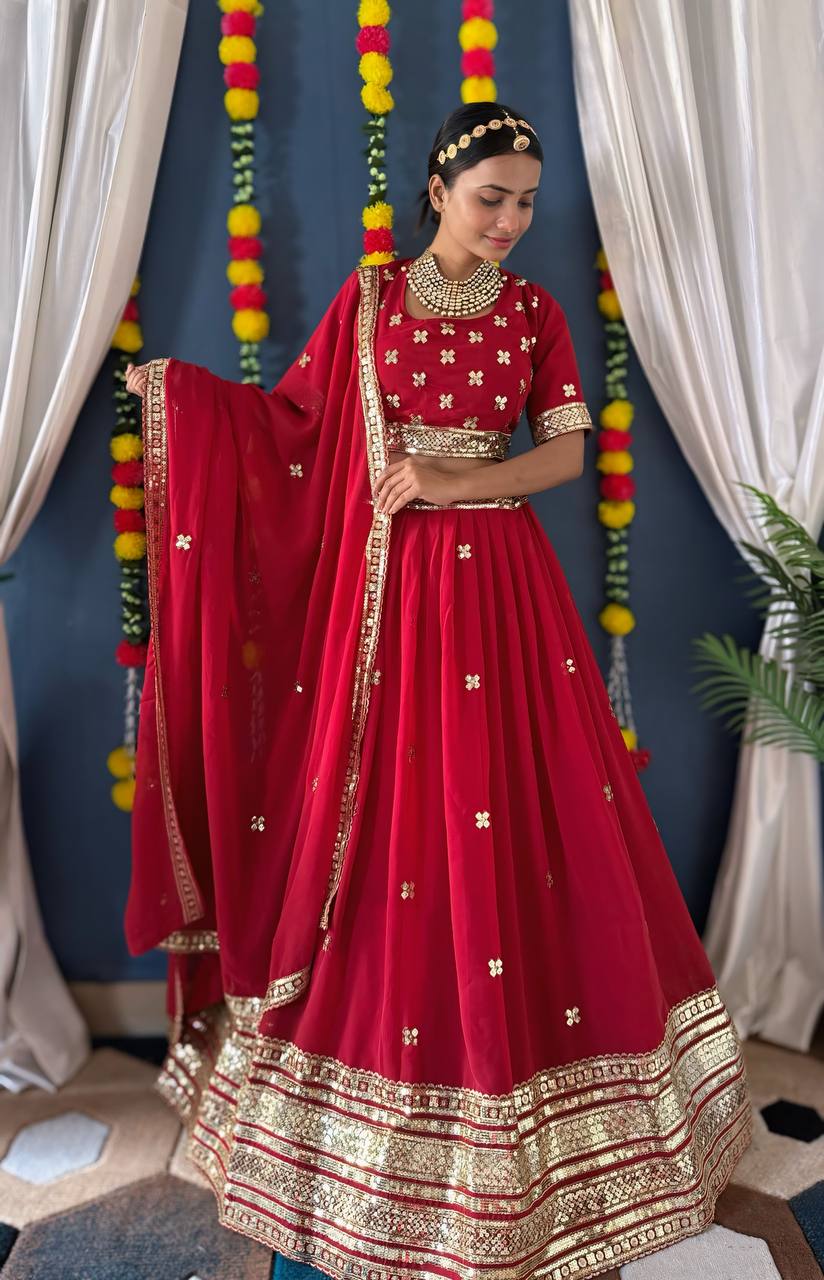 PINK FAUX GEORGEET MBROIDERY SEQUENCE DESIGN WORK LEHENGA - INSPIRED | Ready To Wear - qivii