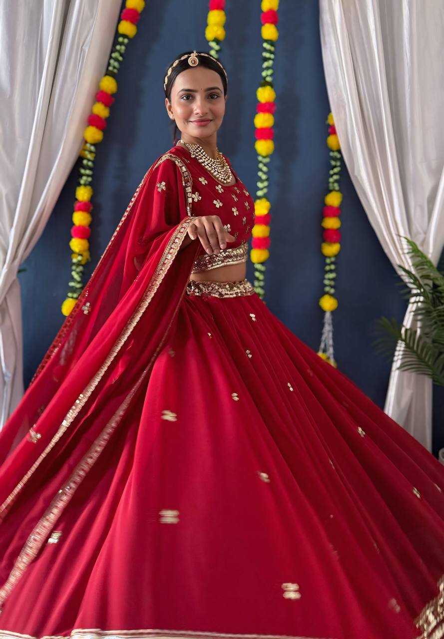 PINK FAUX GEORGEET MBROIDERY SEQUENCE DESIGN WORK LEHENGA - INSPIRED | Ready To Wear - qivii