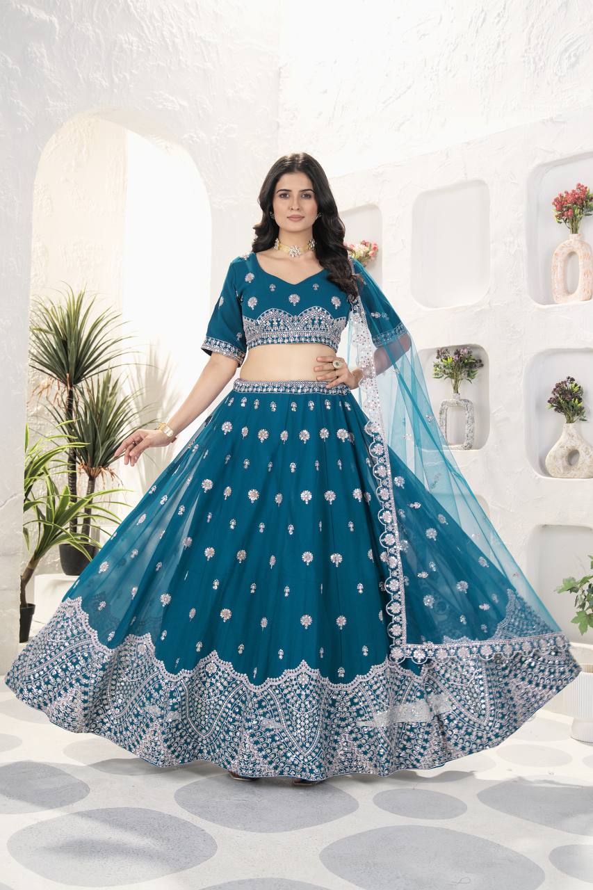 BLUE FAUX GEORGEET EMBROIDERY SEQUENCE DESIGN WORK LEHENGA - INSPIRED | Ready To Wear - qivii