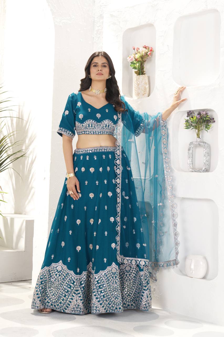 BLUE FAUX GEORGEET EMBROIDERY SEQUENCE DESIGN WORK LEHENGA - INSPIRED | Ready To Wear - qivii
