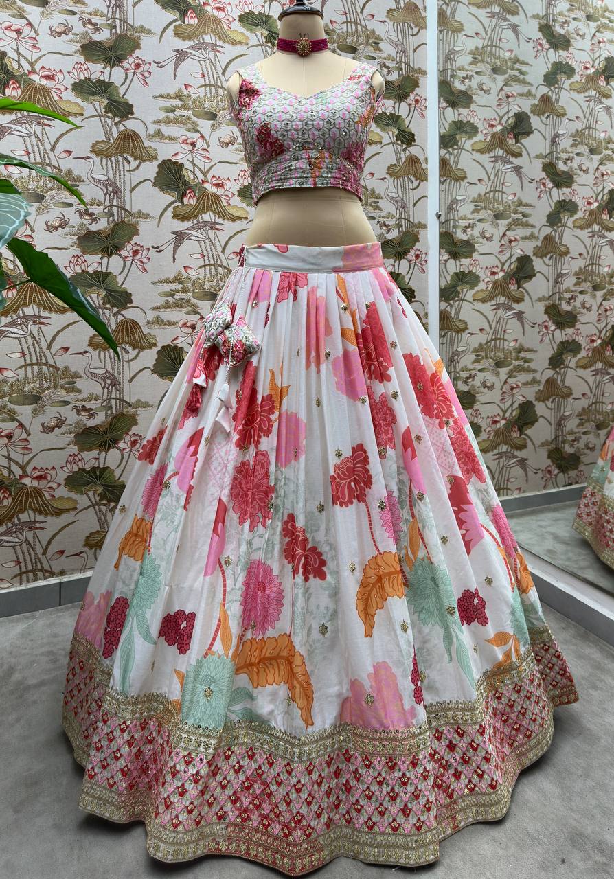 WHITE CHINON EMBROIDERY CODDING SEQUENCE DESIGN WORK LEHENGA - INSPIRED | Ready To Wear - qivii