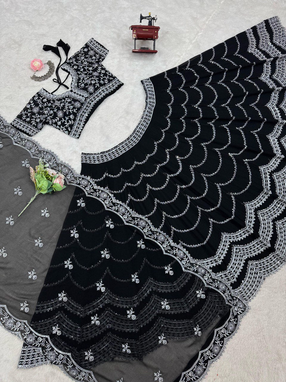 Black Foux Gorgette thread  with Sequnce Lehenga Choli - INSPIRED | Ready To Wear - qivii