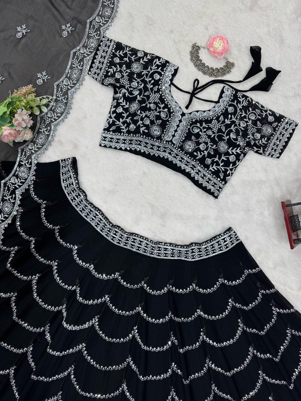 Black Foux Gorgette thread  with Sequnce Lehenga Choli - INSPIRED | Ready To Wear - qivii