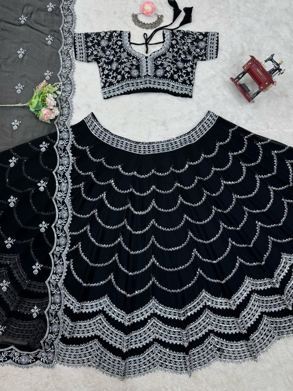 Black Foux Gorgette thread  with Sequnce Lehenga Choli - INSPIRED | Ready To Wear - qivii