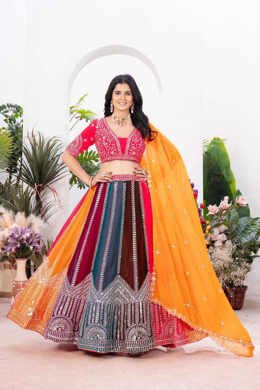 MULTI COLOR FAUX GEORGEET EMBROIDERY SEQUENCE DESIGN WORK LEHENGA - INSPIRED | Ready To Wear - qivii