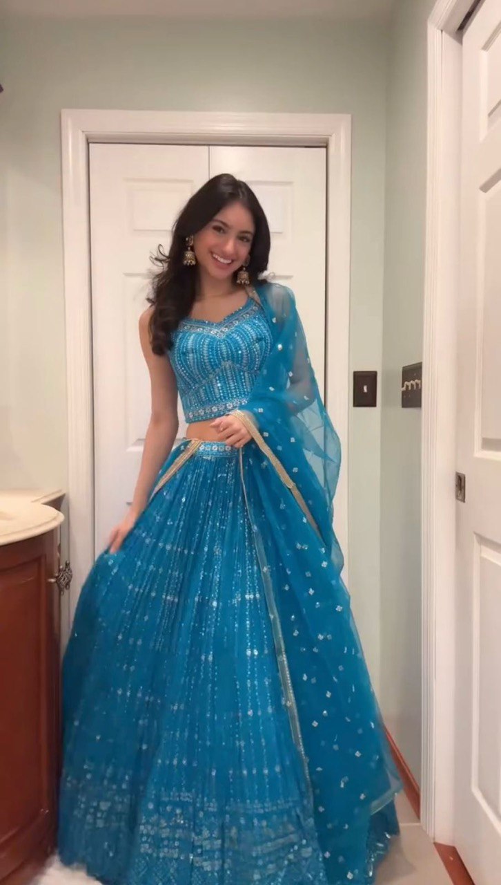 Blue Foux Gorgette thread  with Sequnce Lehenga Choli - INSPIRED | Ready To Wear - qivii